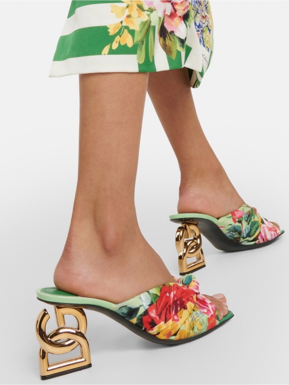 Rare✨Dolce & Gabbana Floral Knot Portofino Mules with Gold Sculpted Heel 37.5